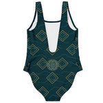Load image into Gallery viewer, Gilded Current one-piece swimsuit with centered Elara emblem - back view
