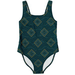 Load image into Gallery viewer, Gilded Current one-piece swimsuit in Pacific teal and warm-gold mosaic print - front view
