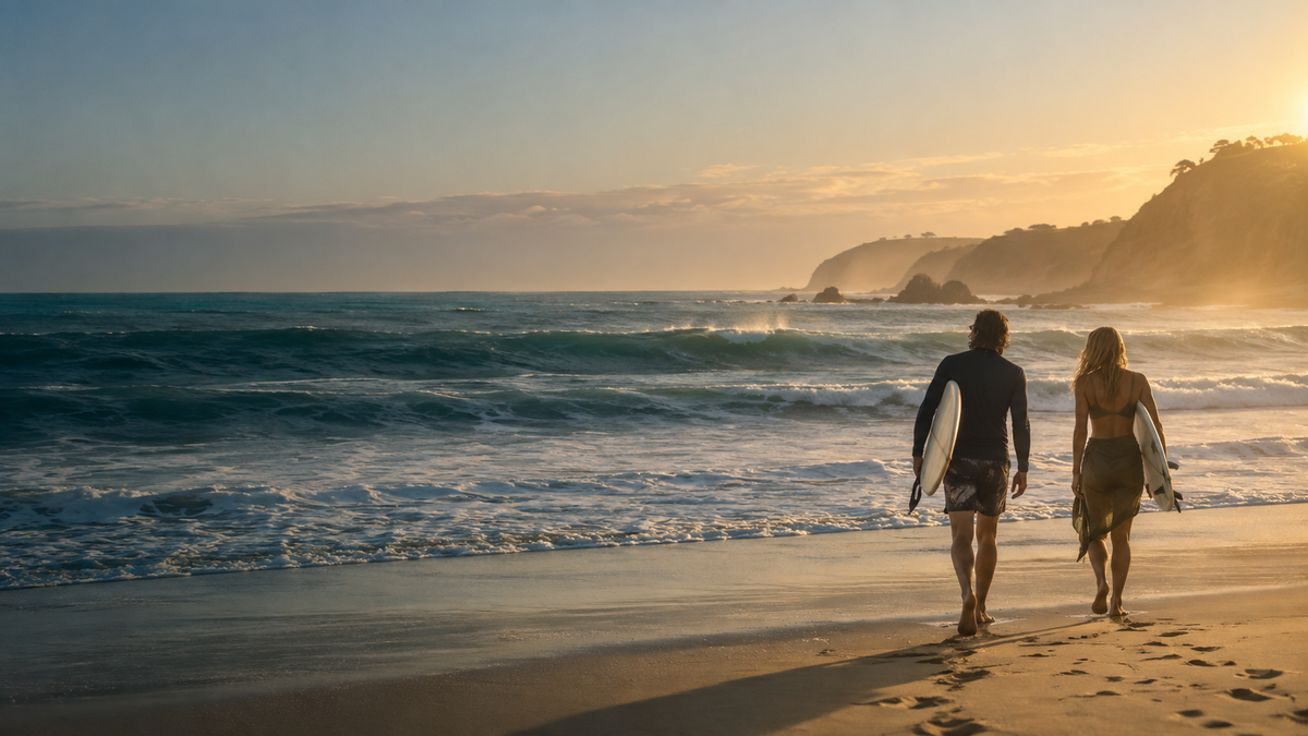 Two surfers walking toward the Pacific at golden hour on the California coast