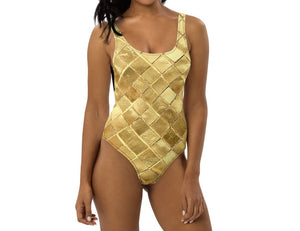 Women's One-Piece Swimsuit - Gold* Tiles, Black Backside